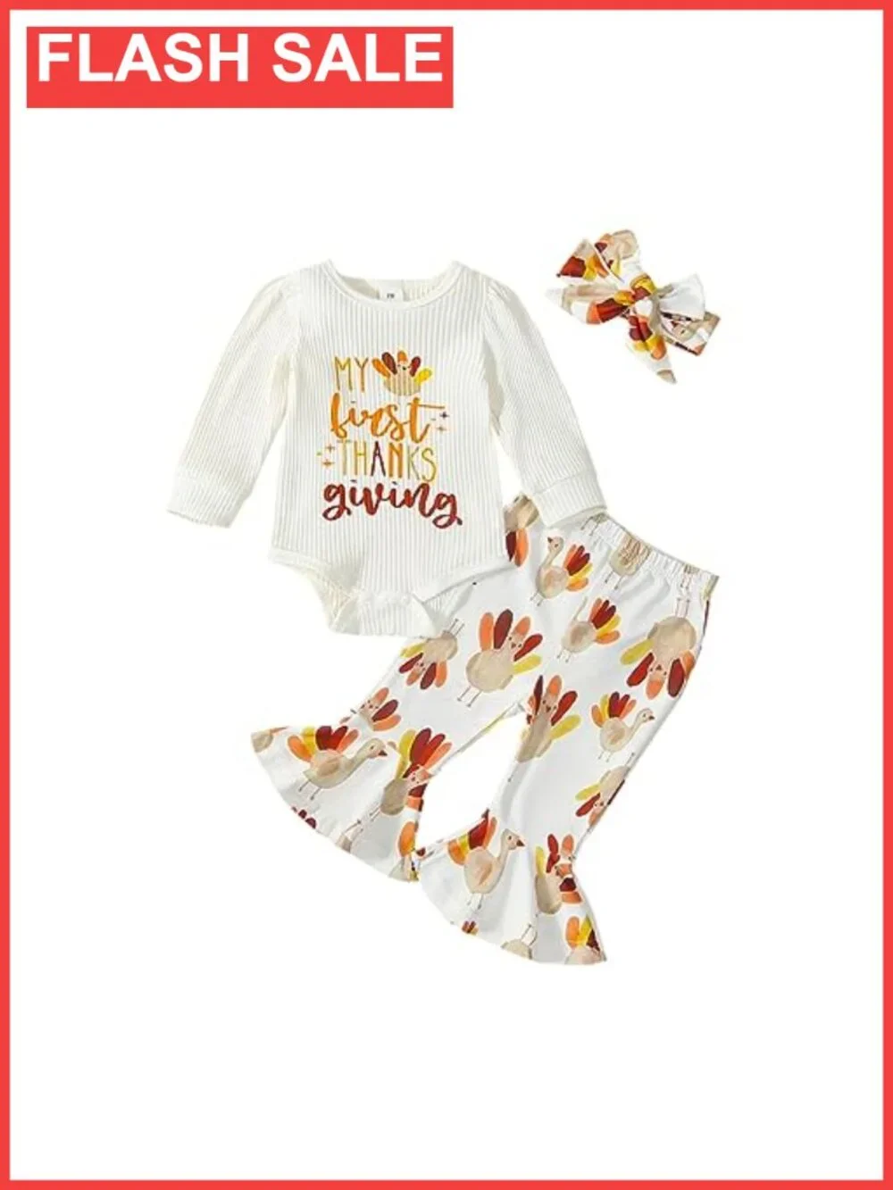 Baby Girl Thanksgiving Outfit 3 Piece Cotton Romper Bell Bottoms Headband